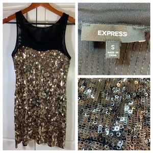 Express Sleeveless Bodycon Mesh‎ Black Gold Ring Sequined Mini Dress Size S